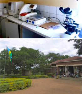 Top: Laboratory equipment used to analyze patient's blood.  Bottom: Outside of health center, where patients waited to see one of three nurses.